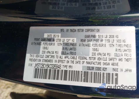 2019 Mazda Cx-9 Touring z USA, uszkodzony, nr VIN JM3TCBCY6K0326848